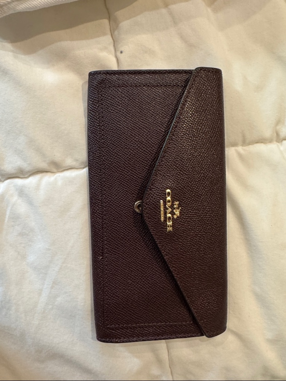 Coach Pebbled Leather Envelope Wallet in Deep Brown with Gold Logo